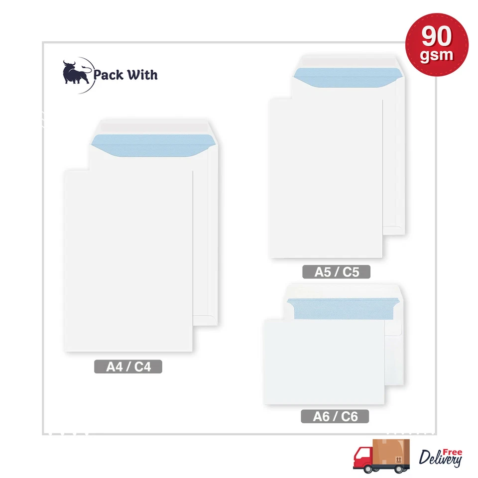 QUALITY PLAIN 90GSM WHITE ENVELOPES SELF SEAL STRONG PAPER C5/A5S C6/A6L C4/A4S
