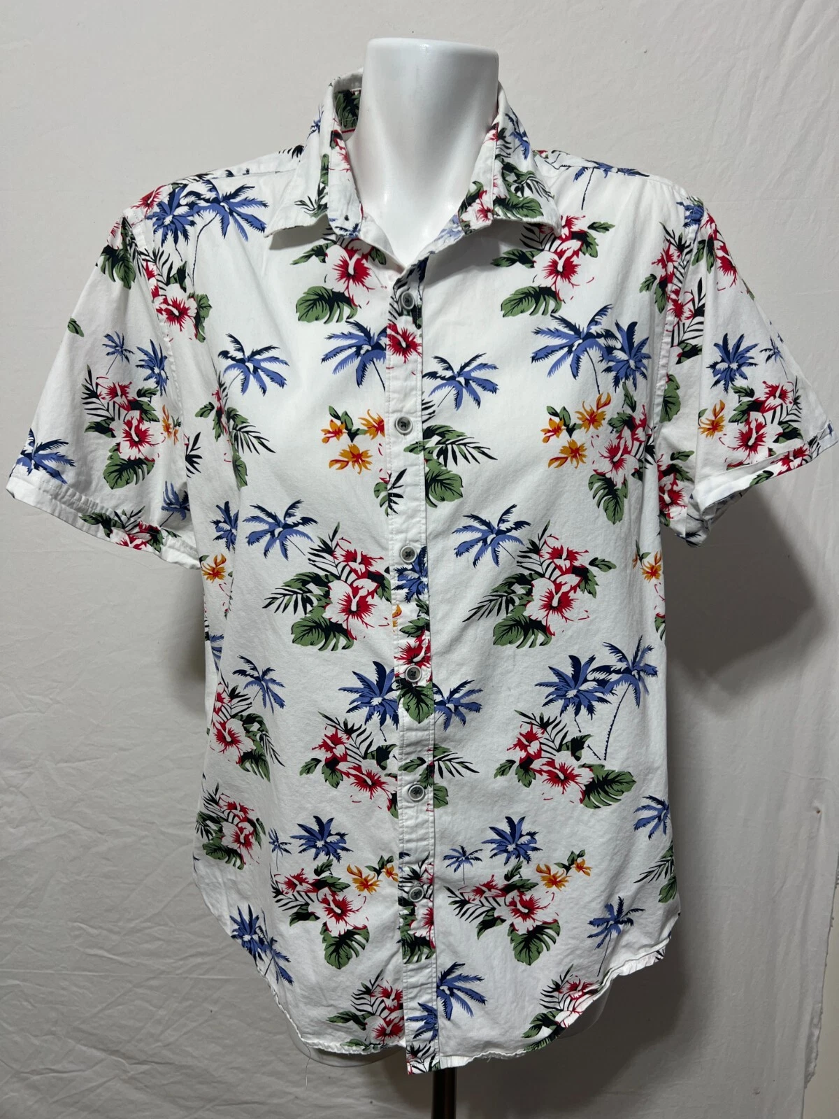 Denim & Flower Large Men's Shirt White Tropical Print Slim Fit Short Sleeve
