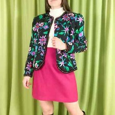 80s Vintage Black Teal and Hot Pink Floral Print 100 Silk Blazer