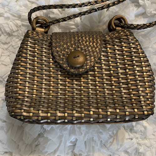 CEM Woven Leather Intrecciato Nodini Crossbody Bag Purse Gold Metallic - Picture 3 of 12