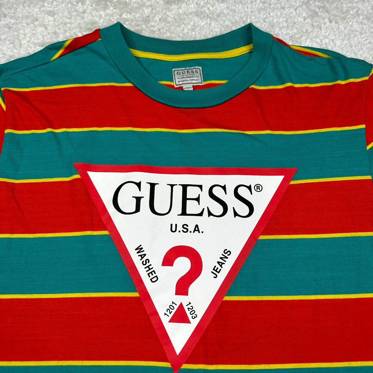 Guess Shirt Mens Medium Red Green Stripes Retro Originals Tee