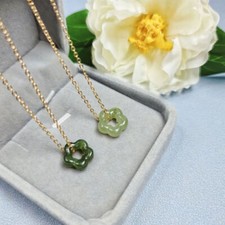 Natural Green Jade Flower Pendant Necklace Gold Chain Choker Dainty Necklace