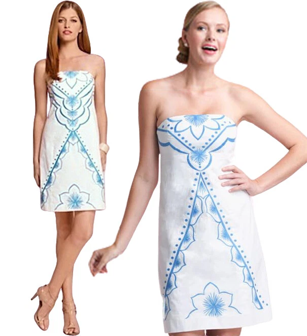 Lilly Pulitzer Bowen Classic White Blue Embroidered Strapless Dress 10