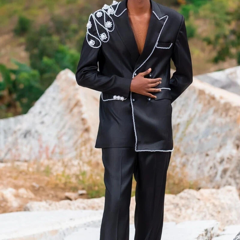 Pearls Beads Men Suits Appliques Double Breasted Satin Peaked