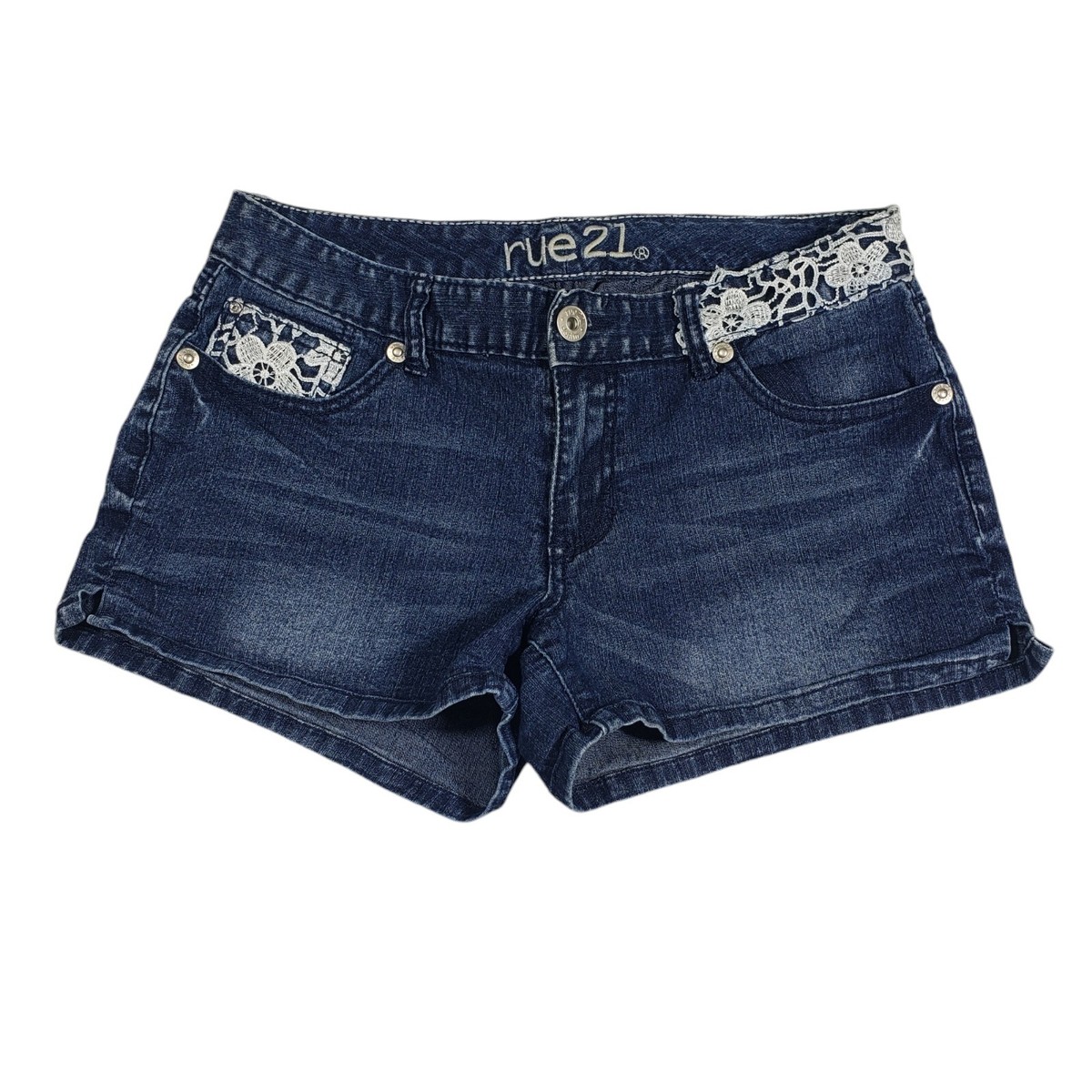 Rue 21 Denim Curvy Shorts Womens Juniors Blue Stretch Pockets Lace