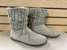 TOMS Nepal Light Gray Beige Suede Tie Cable Knit Winter Boots Size W 8.5