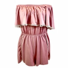Unbranded size M mauve w white trim off shoulder romper w peplum & white lace