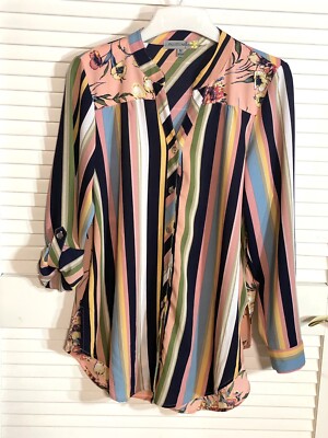 Figueroa & Flower Blouse Floral Stripe Size Medium Women Roll Tab Sleeves EUC