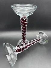 Pair Diamond Star Art Glass Candleholders Red And White Swirl Inside Stem 10"