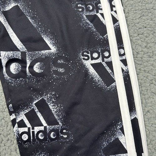 Adidas Pants Girls Large 14 Black Leggings All Over Print Logo Stripe Activewear - Picture 2 of 10