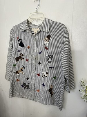 Bechamel L Dog Cat Butterfly Blouse Embroidery 3/4 Sleeve Cotton 