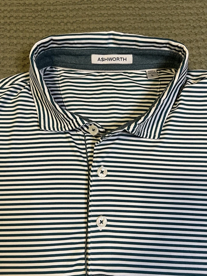 Camisa polo de golf Ashworth para hombre manga corta L rayas verdes Foto 3 de 4