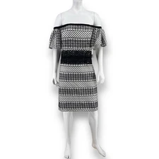 H Halston Eyelet Lace Off Shoulder Dress Womens Size 10 Black White