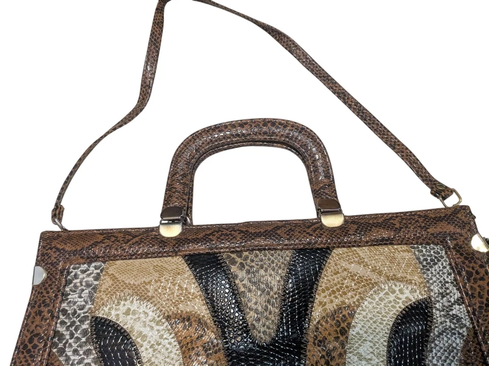 Bolsa de mão de couro vintage pele de cobra maleta satchel 14" geométrica estampa animal - Imagem 4 de 4
