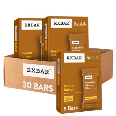 RXBAR Protein Bars, 12g Protein,Gluten Free Snacks,Peanut Butter6 Boxes, 30 Bars