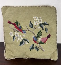 VTG Needlepoint Pillow Bird Floral Branch Golden Velvet 13" Grandmacore Cottage