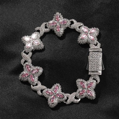 Cool Bad Boy Hip Hop Bracelet Chain Necklace 5A Rainbow CZ Four Leaf Clover Drop