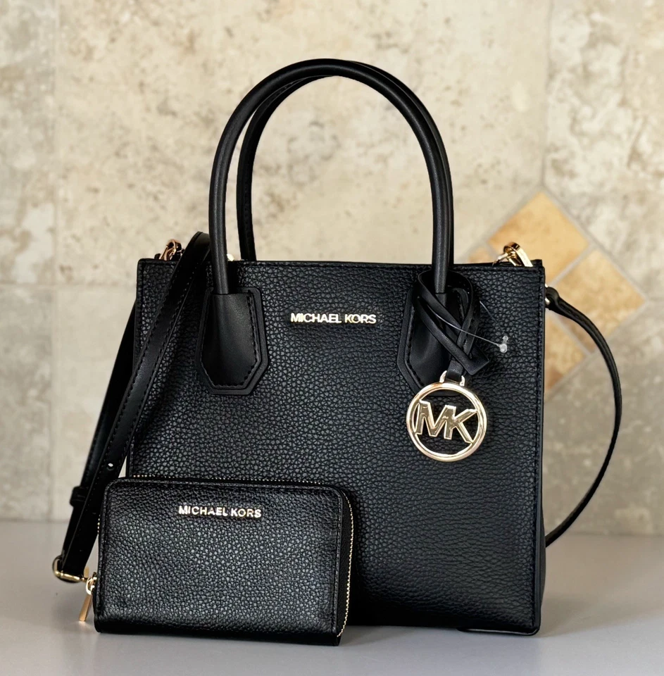 Michael Kors Mercer Medium Satchel Shoulder Crossbody Bag + Wallet Set Black - Image 3 of 4