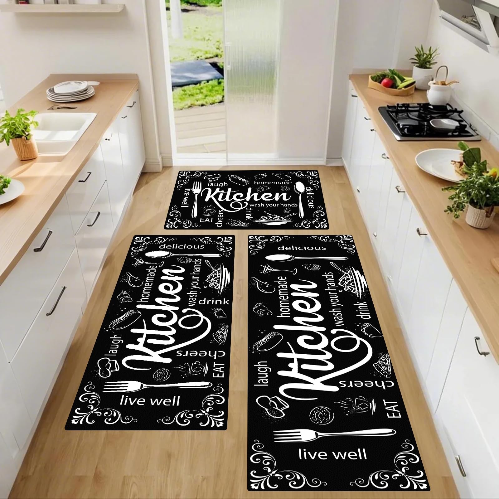 Kitchen Mats for Floor, Non Slip Washable Kitchen Rugs Sets of 3, Black Farmh...