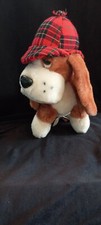 Vintage 1978 Dakin Basset Hound Dog Plush Brown White Red Plaid Sherlock Hat 9"