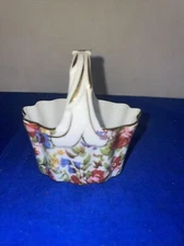 Home Essential Miniature Floral Porcelain Basket - 3.25” Tall- Estate Find