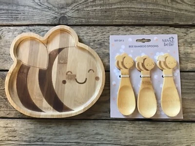 SASS & BELLE Children’s kids baby bamboo plate & spoon set Bees Hedgehogs tractor fire engine