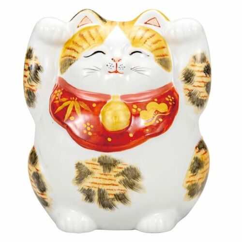 Maneki neko Kutani yaki porcelain Japanese Lucky cat Both hand Gold calico Japan - Afbeelding 1 van 4