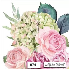  974 TWO Individual Paper Luncheon Decoupage Napkins - ROSES HYDRANGEA FLOWERS
