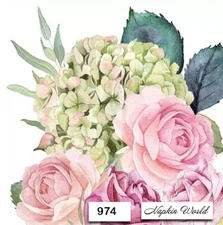 (974) TWO Individual Paper Luncheon Decoupage Napkins - ROSES HYDRANGEA FLOWERS
