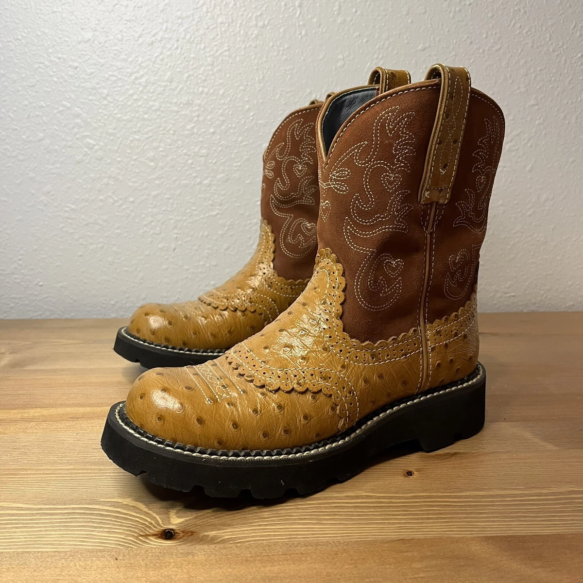 Pre Owned Ariat Boots Brown Ostrich Leather FatBaby Western Size 6B Womens