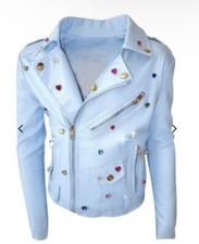 Lola The Boys Starry Sky Vegan Leather Moto Blue Jacket With Rainbow Gems Sz 12