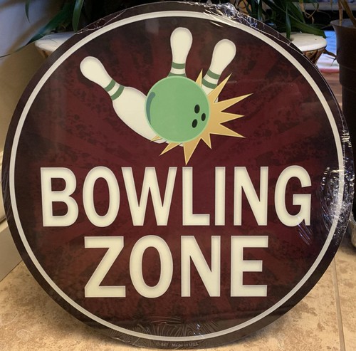 Bowling Zone 12" Round Metal Sign Novelty Ten Pins Ball Bowling Alley Home Decor - Picture 2 of 2