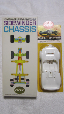 COX UNIVERSAL 1/24 ADJUSTABLE SIDEWINDER CHASSIS AND COX CHAPARRAL