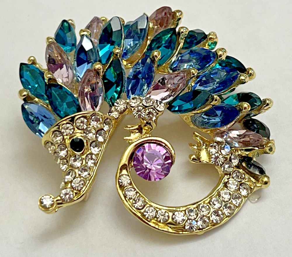 Hedgehog Crystal Rhinestone Brooch Pin Glass Mouse Blue Clear Brown Vintage