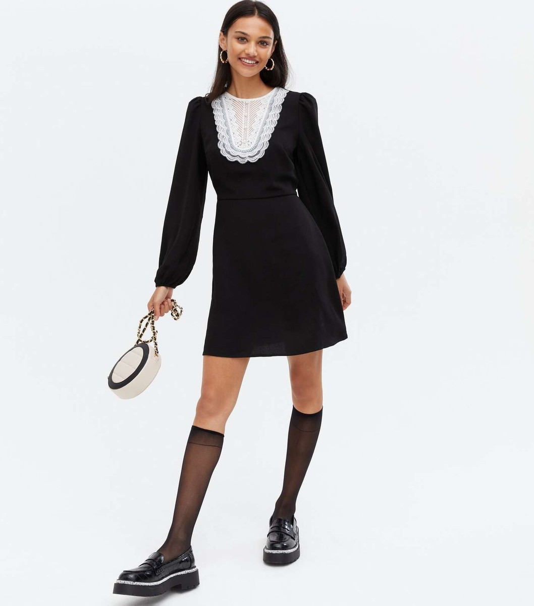 New Look Black Broderie Long Sleeve Mini Tea Dress Size 8