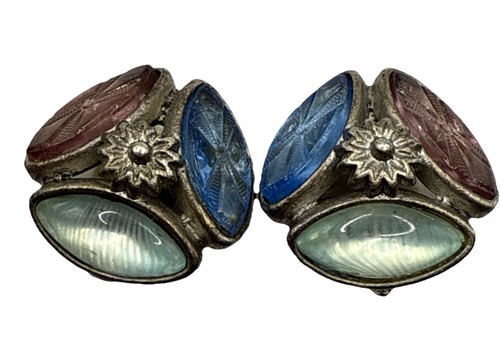 Vintage Kate Hines Clip-on Earrings Tri-Color Red Blue Teal Glass Signed - Picture 4 of 6