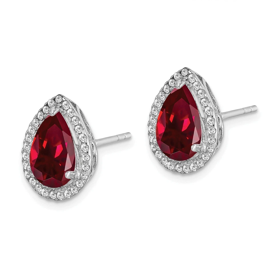 Silver Rhodium Polished Clear CZ and Lab Created Ruby Pear Post Earrings QE12637 - Image 2 of 4