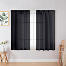 Crushed Sheer Black Curtains 45 Inch Length 2 Panels, Light Filtering Solid Crin