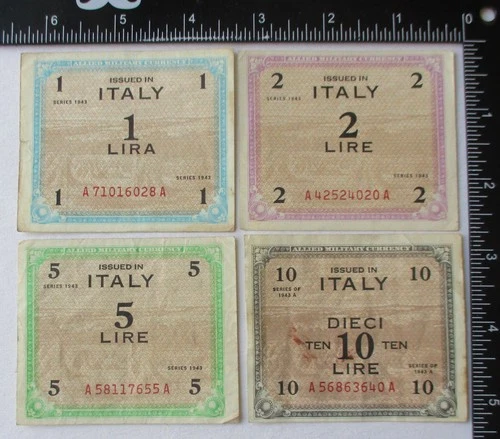 4 Original WW2 Vintage US OCCUPATION of ITALY ALLIED MILITARY CURRENCY BANKNOTES