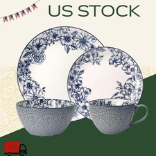 Gabriela Blue 16-Piece Dinnerware Set – Service for 4, Stoneware