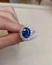 Bague de mariage diamant saphir bleu taille ovale de 3,22 carats or blanc mas...