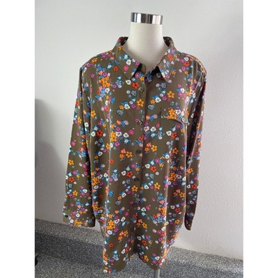 Joan Rivers Women Plus 2X Brown Floral Button Up Shirt Long Sleeve Blouse