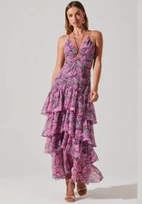 ASTR Aneira Floral Tiered Maxi Dress Purple Pink Floral Size M