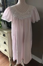 Vtg Nightgown Cottagecore Pink Semi Sheer Embroidery Lace Heiress USA Size Med