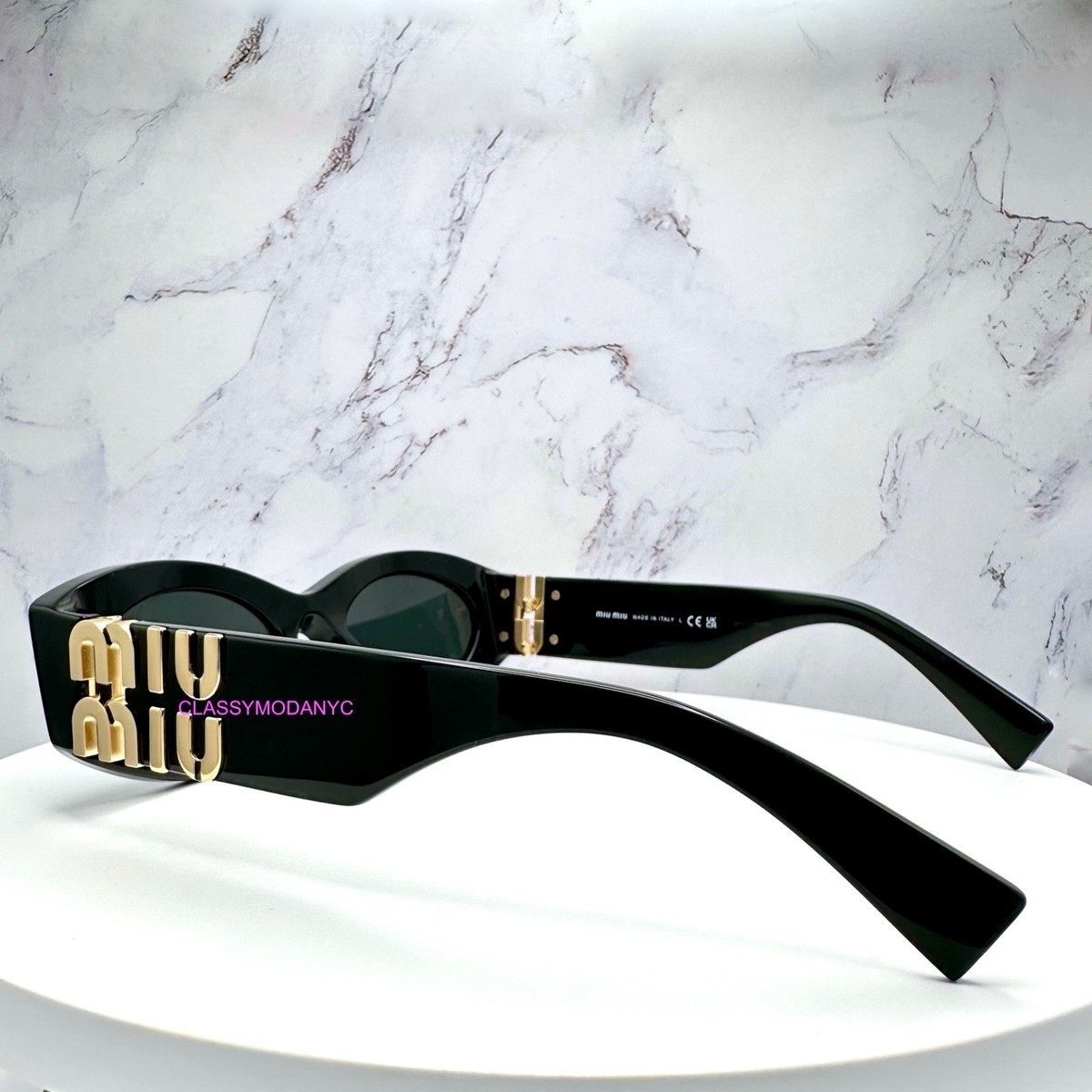 New MIU MIU Sunglasses Black Acetate Oval Gold Metal Logo Authentic Italy MIU MIU Sunglasses New Black Oval Gold Metal Logo Authentic  main image 4