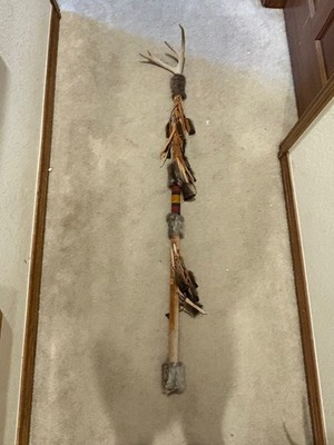 Vtg Native American Ceremonial Staff Lance Coup Stick Antler Beaded Fur Feather