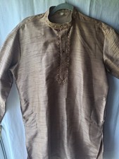 Men's Bronze Gold Kurta L Embroidered Mandarin Collar Long Sleeves Special...