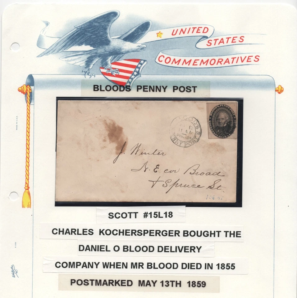 US 1859 BLOOD PENNY POSTE CUBIERTA SCOTT #15L18 ATADO DOBLE CANCELACIÓN BLOOD'S PENNY POST Foto 3 de 3