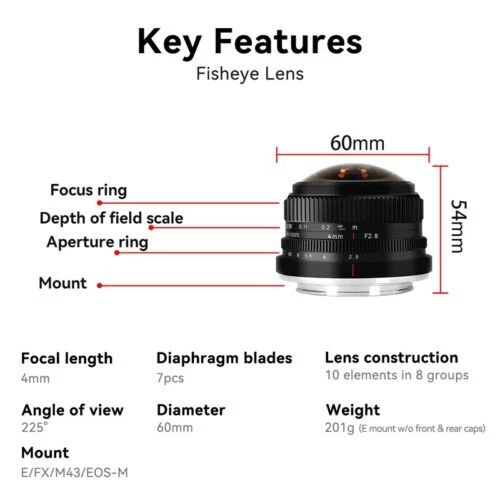 7artisans 4mm F2.8 Manual Focus Fisheye Lens for Sony E Fujifilm X Micro 43 EF-M - Image 4 of 4