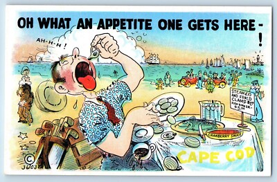 Cape Cod Postcard Man Eating Clams On What An Appetite One Gets Here Vintage